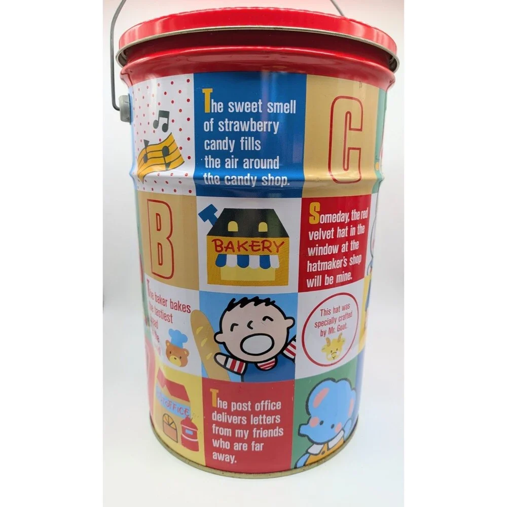 VTG Sanrio Hello Kitty Tin Bucket Pail Character Town With Handle And Lid 1990